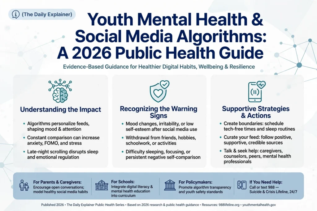 Pie chart showing that 34.5% of adolescents saw self-harm content in the past month, with 66.2% encountering it through algorithmically suggested feeds and only 8% actively searching for it.