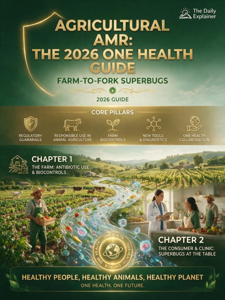 Infographic showing the transmission of antimicrobial-resistant bacteria from livestock farms through the food chain to humans, including farm animals, slaughterhouses, retail meat, and human consumers.