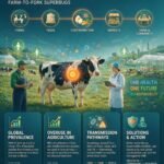Infographic showing the transmission of antimicrobial-resistant bacteria from livestock farms through the food chain to humans, including farm animals, slaughterhouses, retail meat, and human consumers.