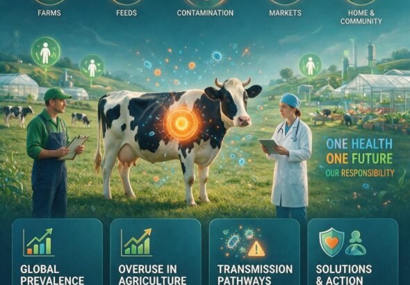 Infographic showing the transmission of antimicrobial-resistant bacteria from livestock farms through the food chain to humans, including farm animals, slaughterhouses, retail meat, and human consumers.
