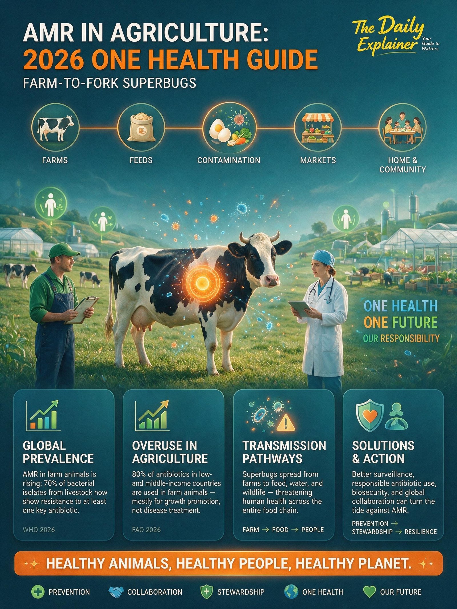 Infographic showing the transmission of antimicrobial-resistant bacteria from livestock farms through the food chain to humans, including farm animals, slaughterhouses, retail meat, and human consumers.