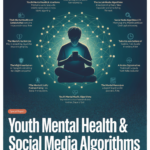 Pie chart showing that 34.5% of adolescents saw self-harm content in the past month, with 66.2% encountering it through algorithmically suggested feeds and only 8% actively searching for it.
