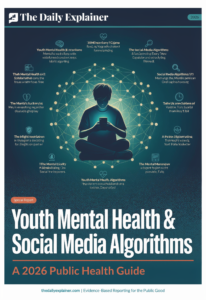 Pie chart showing that 34.5% of adolescents saw self-harm content in the past month, with 66.2% encountering it through algorithmically suggested feeds and only 8% actively searching for it.