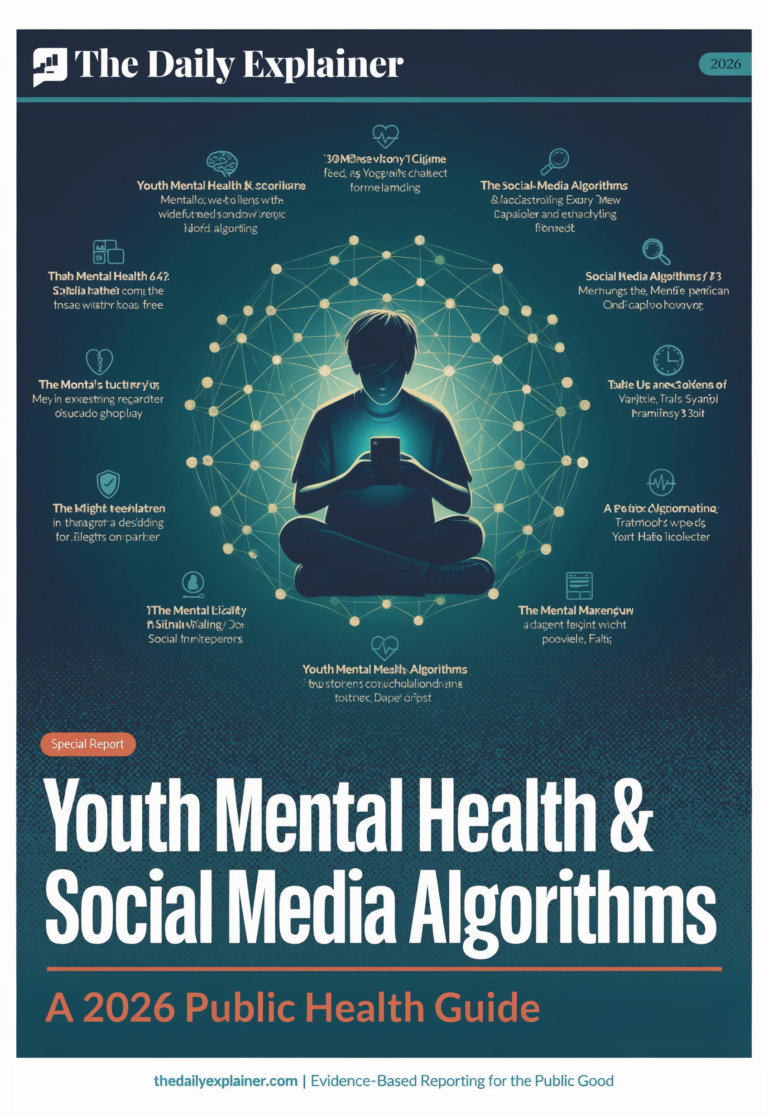 Pie chart showing that 34.5% of adolescents saw self-harm content in the past month, with 66.2% encountering it through algorithmically suggested feeds and only 8% actively searching for it.
