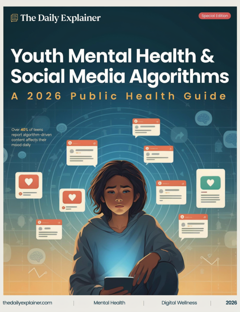 Pie chart showing that 34.5% of adolescents saw self-harm content in the past month, with 66.2% encountering it through algorithmically suggested feeds and only 8% actively searching for it.