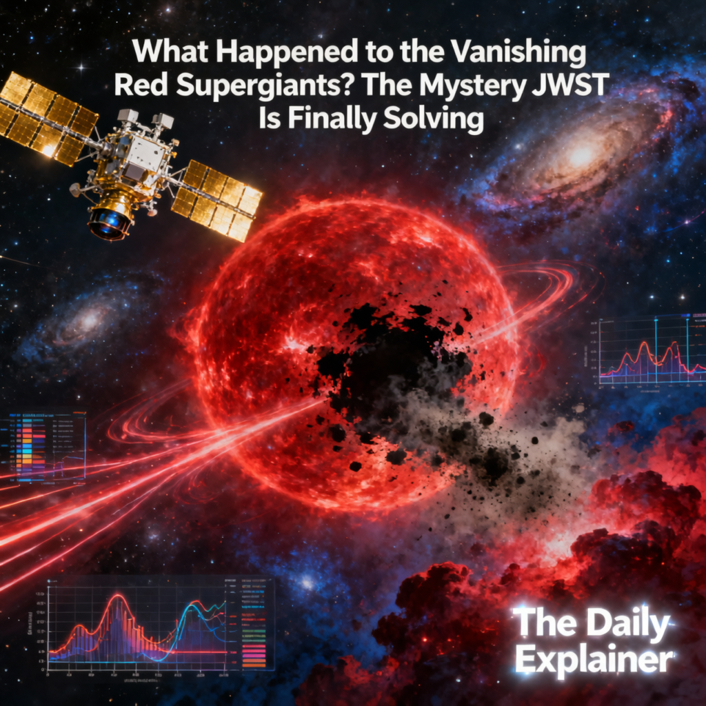 Artist's illustration of the James Webb Space Telescope detecting infrared light from a red supergiant hidden behind a thick shell of cosmic dust. (Vanishing red Supergiants)
