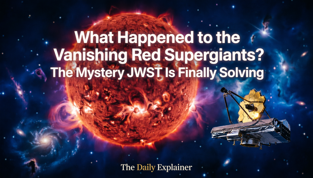 Artist's illustration of the James Webb Space Telescope detecting infrared light from a red supergiant hidden behind a thick shell of cosmic dust.