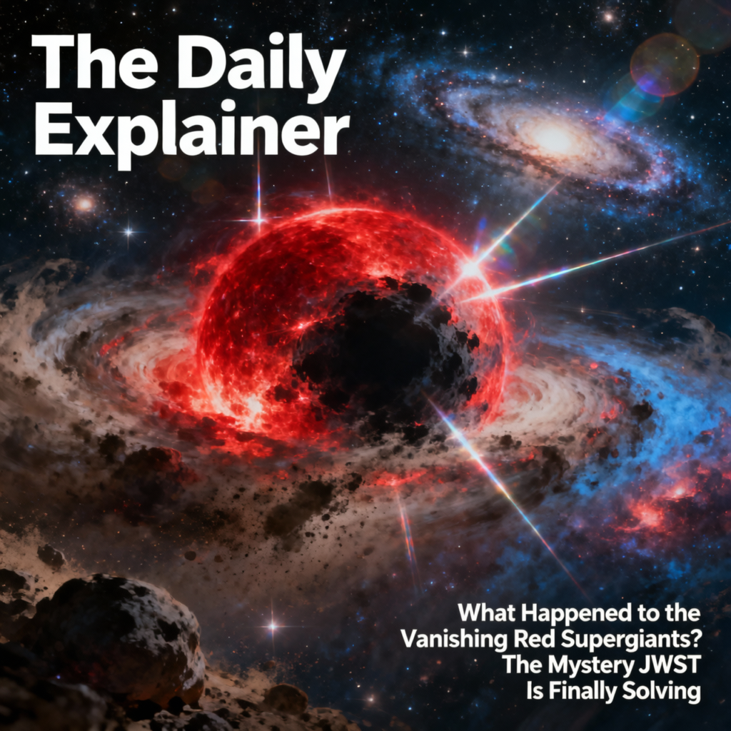 Artist's illustration of the James Webb Space Telescope detecting infrared light from a red supergiant hidden behind a thick shell of cosmic dust.