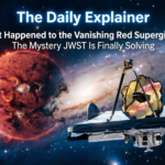 Artist's illustration of the James Webb Space Telescope detecting infrared light from a red supergiant hidden behind a thick shell of cosmic dust.