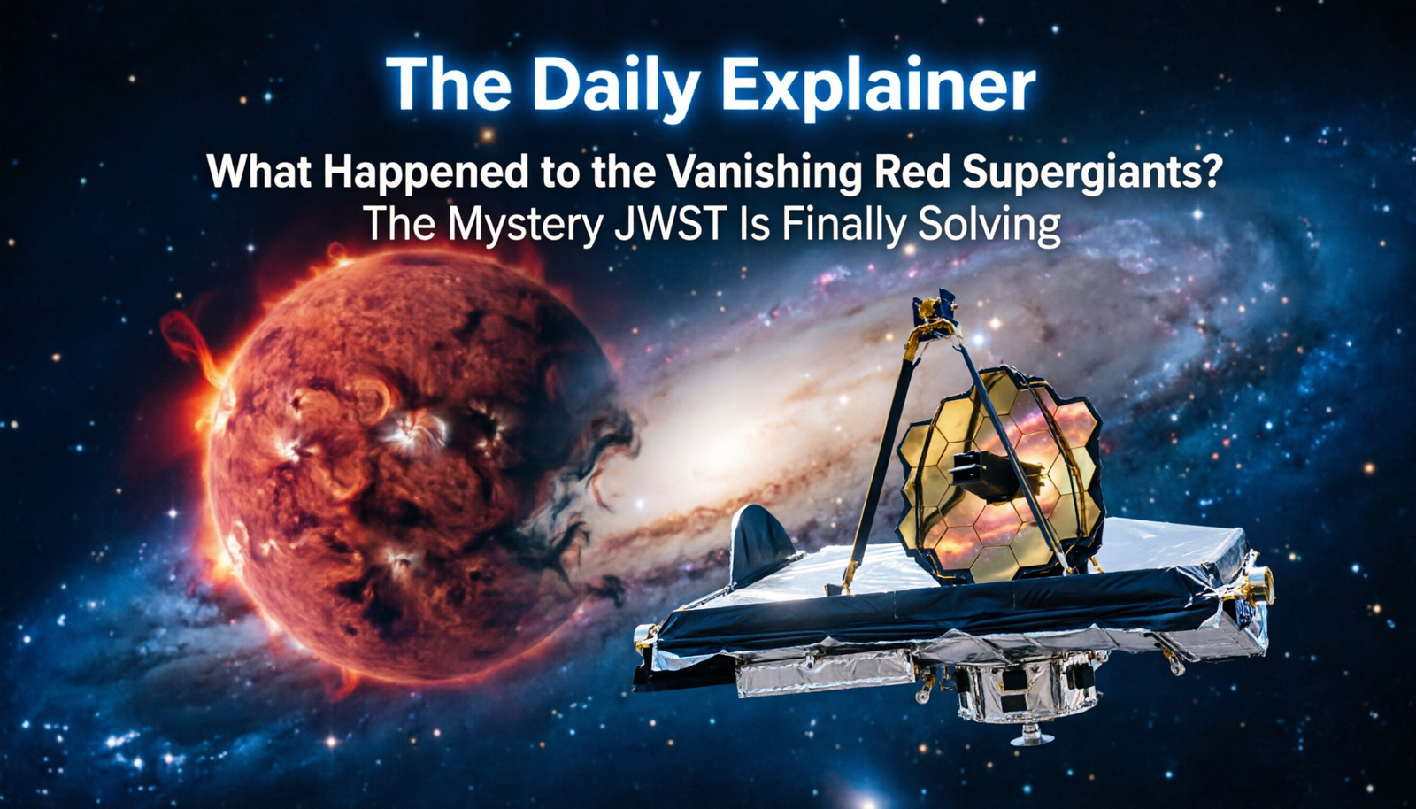 Artist's illustration of the James Webb Space Telescope detecting infrared light from a red supergiant hidden behind a thick shell of cosmic dust.
