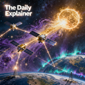 Artist's illustration showing four PUNCH spacecraft orbiting Earth in formation, with the Sun in the background and a coronal mass ejection visible.