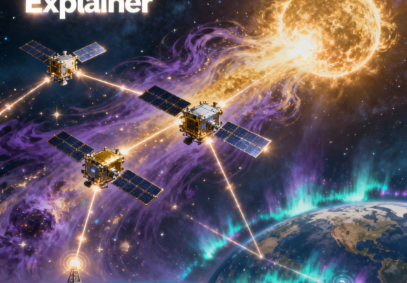 Artist's illustration showing four PUNCH spacecraft orbiting Earth in formation, with the Sun in the background and a coronal mass ejection visible.