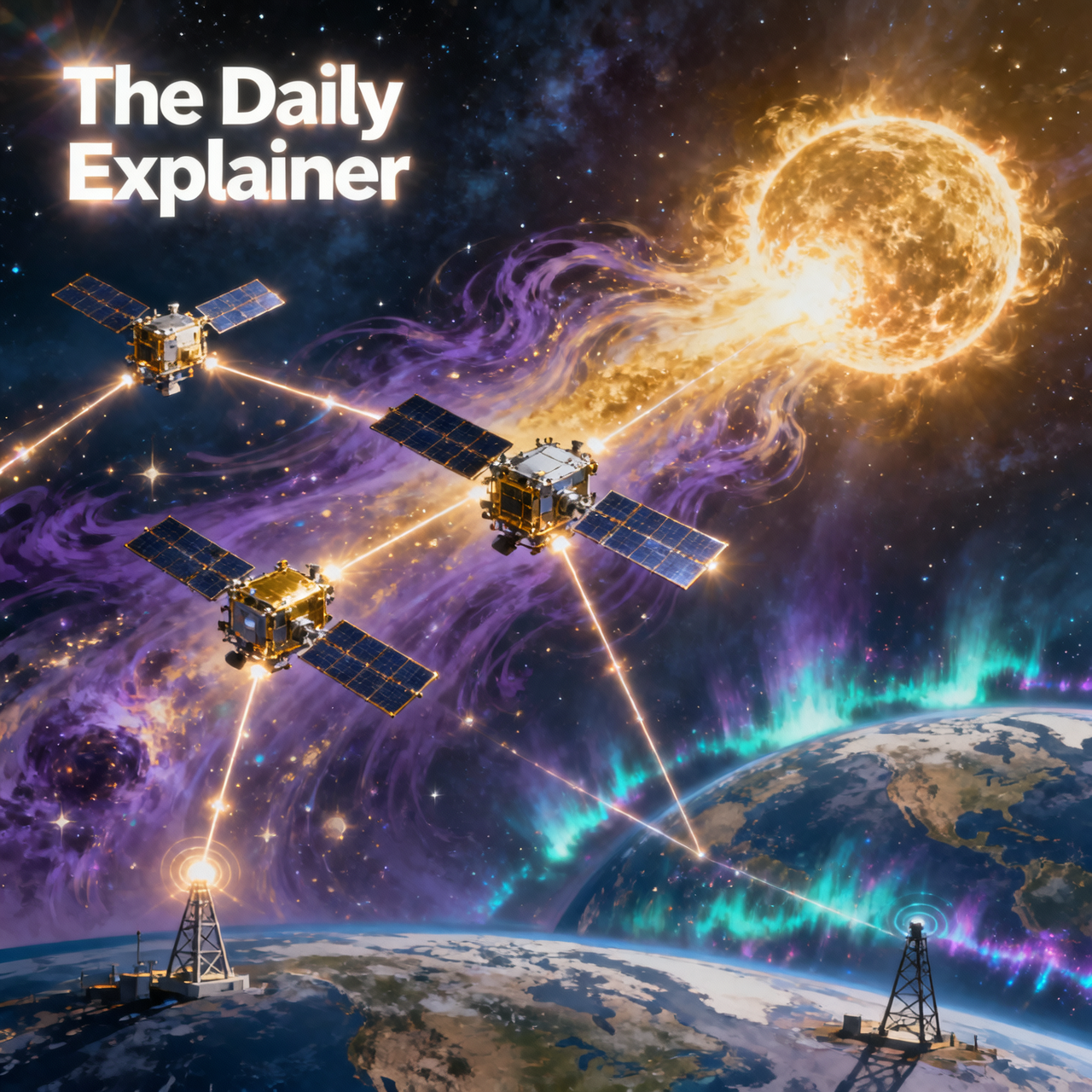 Artist's illustration showing four PUNCH spacecraft orbiting Earth in formation, with the Sun in the background and a coronal mass ejection visible.
