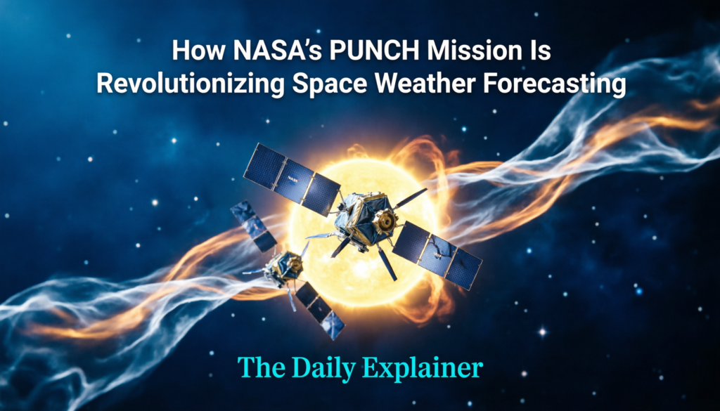 Artist's illustration showing four PUNCH spacecraft orbiting Earth in formation, with the Sun in the background and a coronal mass ejection visible.