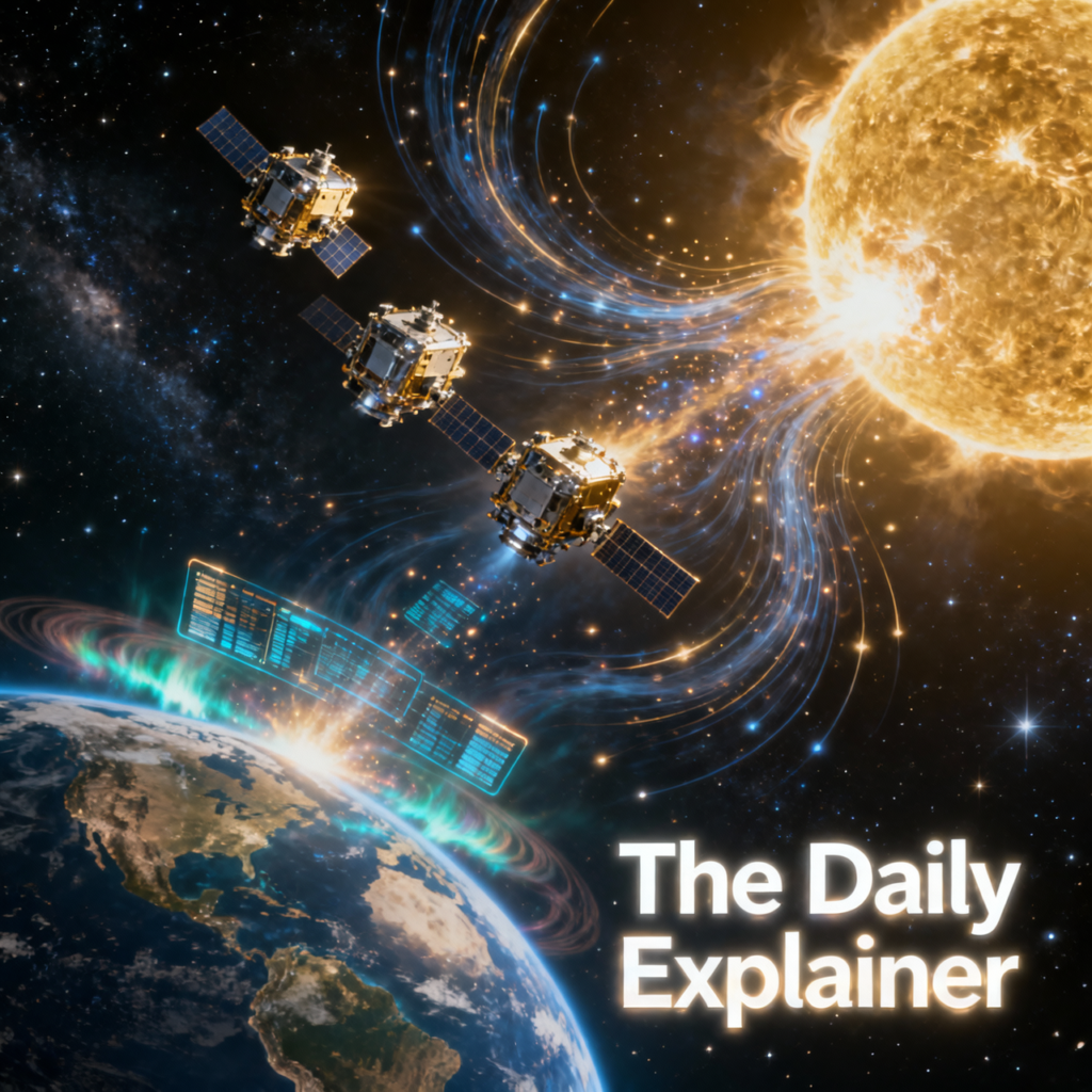 Artist's illustration showing four PUNCH spacecraft orbiting Earth in formation, with the Sun in the background and a coronal mass ejection visible.