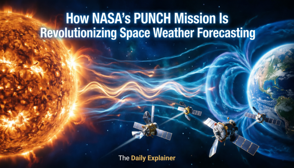 Artist's illustration showing four PUNCH spacecraft orbiting Earth in formation, with the Sun in the background and a coronal mass ejection visible.