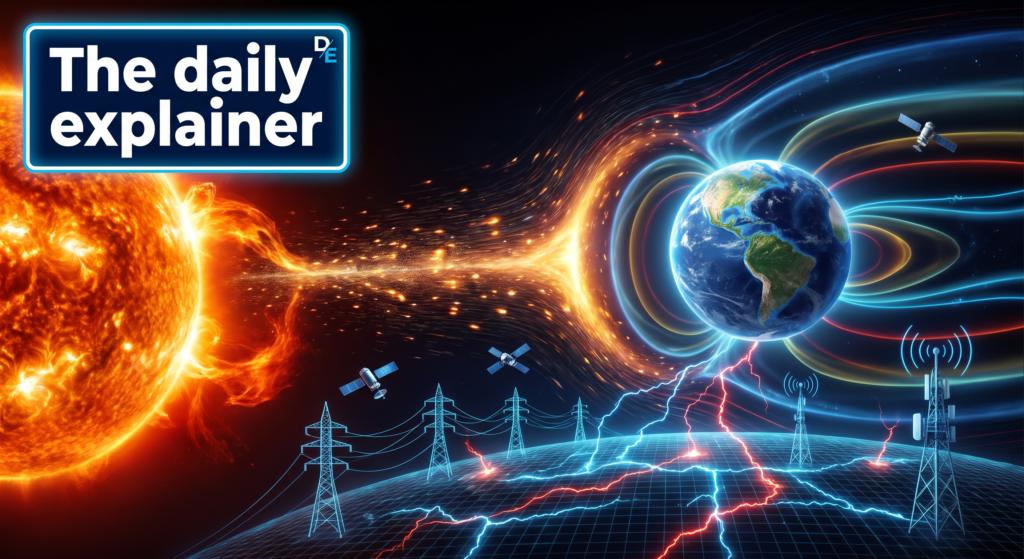 Artist's illustration showing a coronal mass ejection from the Sun impacting Earth's magnetosphere, with magnetic field lines compressing on the sunward side and stretching on the night side.