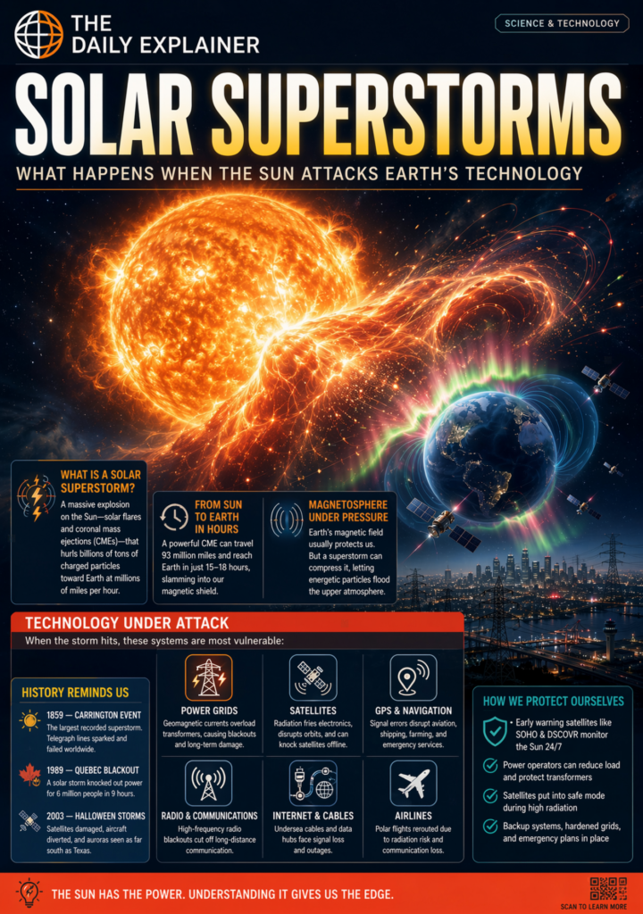 Artist's illustration showing a coronal mass ejection from the Sun impacting Earth's magnetosphere, with magnetic field lines compressing on the sunward side and stretching on the night side.