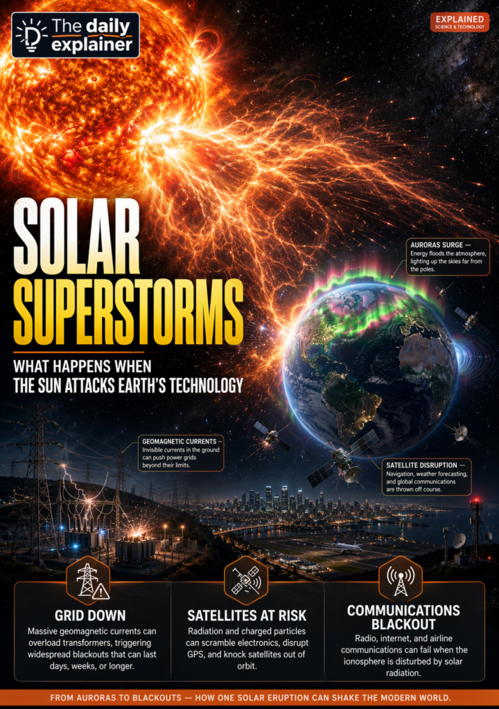 Artist's illustration showing a coronal mass ejection from the Sun impacting Earth's magnetosphere, with magnetic field lines compressing on the sunward side and stretching on the night side.