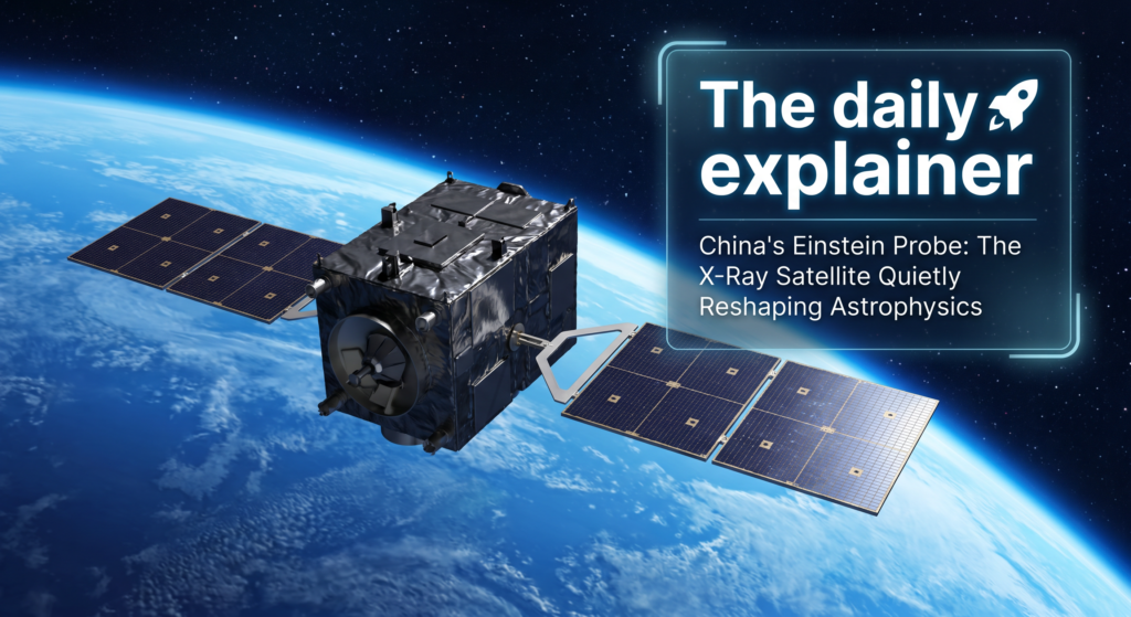 Artist's illustration of the Einstein Probe satellite in orbit, showing its wide-field lobster-eye X-ray telescope and follow-up X-ray telescope.