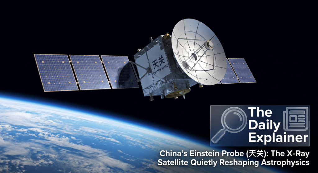 Artist's illustration of the Einstein Probe satellite in orbit, showing its wide-field lobster-eye X-ray telescope and follow-up X-ray telescope.