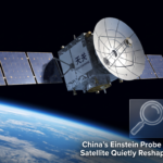 Artist's illustration of the Einstein Probe satellite in orbit, showing its wide-field lobster-eye X-ray telescope and follow-up X-ray telescope.