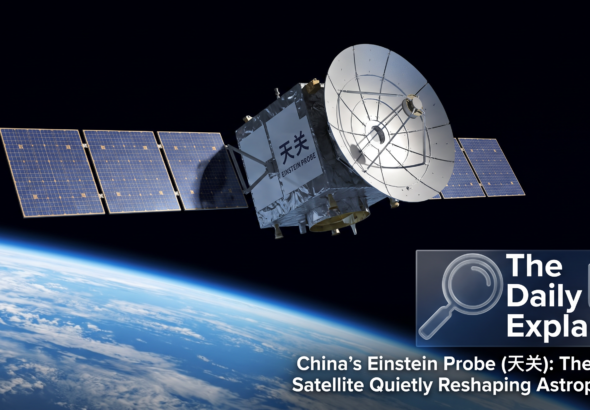 Artist's illustration of the Einstein Probe satellite in orbit, showing its wide-field lobster-eye X-ray telescope and follow-up X-ray telescope.