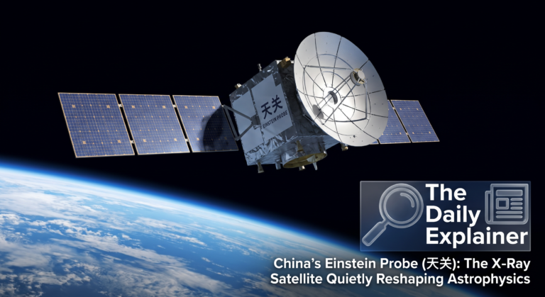 Artist's illustration of the Einstein Probe satellite in orbit, showing its wide-field lobster-eye X-ray telescope and follow-up X-ray telescope.