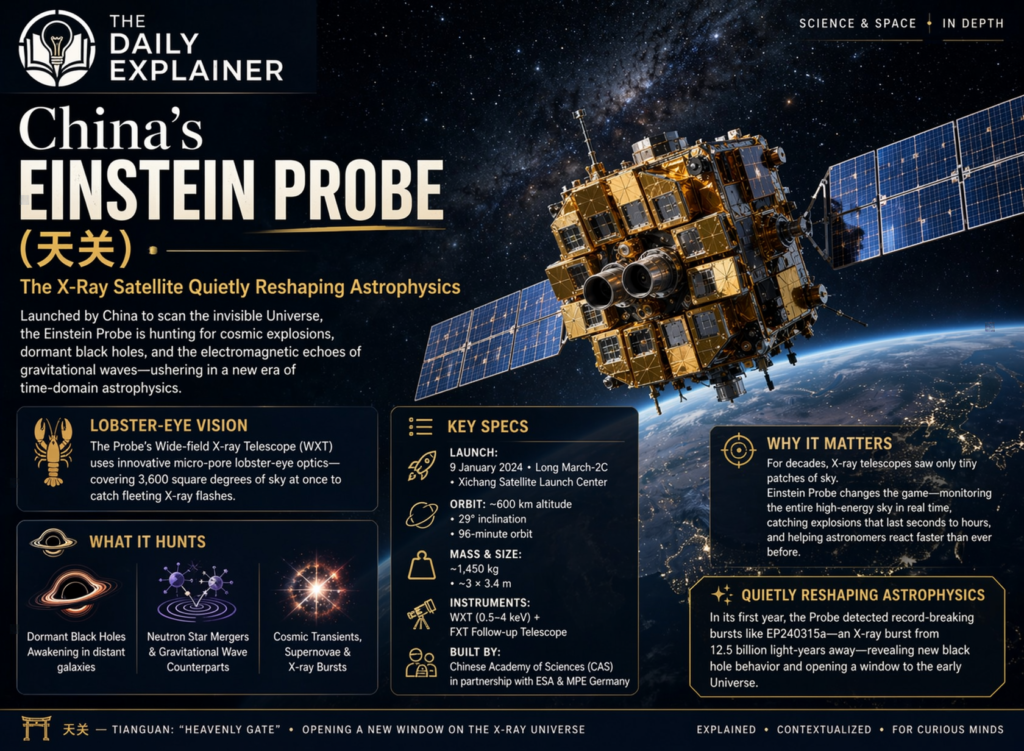 Artist's illustration of the Einstein Probe satellite in orbit, showing its wide-field lobster-eye X-ray telescope and follow-up X-ray telescope.
