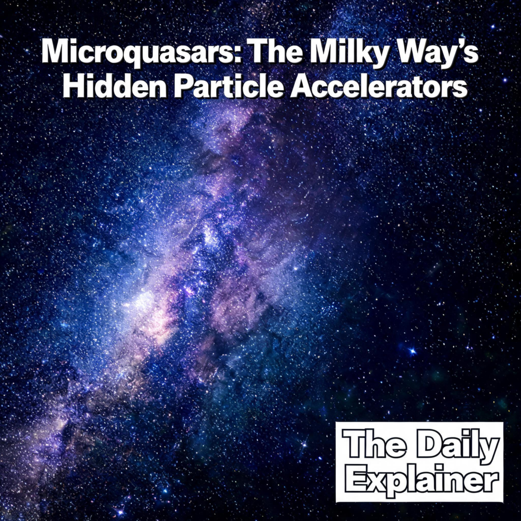 Artist's illustration of a microquasar, showing a stellar-mass black hole accreting matter from a companion star and launching relativistic jets that accelerate particles to PeV energies.