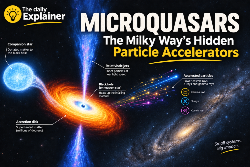 Artist's illustration of a microquasar, showing a stellar-mass black hole accreting matter from a companion star and launching relativistic jets that accelerate particles to PeV energies.