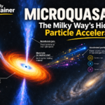 Artist's illustration of a microquasar, showing a stellar-mass black hole accreting matter from a companion star and launching relativistic jets that accelerate particles to PeV energies.