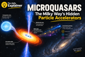 Artist's illustration of a microquasar, showing a stellar-mass black hole accreting matter from a companion star and launching relativistic jets that accelerate particles to PeV energies.