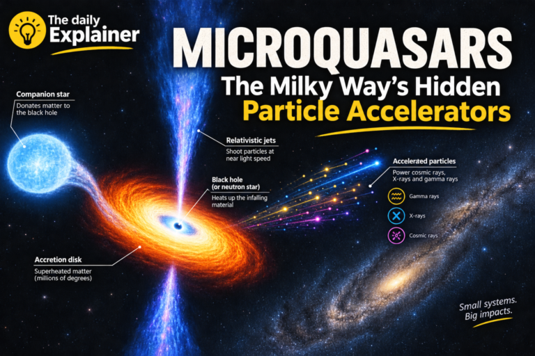 Artist's illustration of a microquasar, showing a stellar-mass black hole accreting matter from a companion star and launching relativistic jets that accelerate particles to PeV energies.