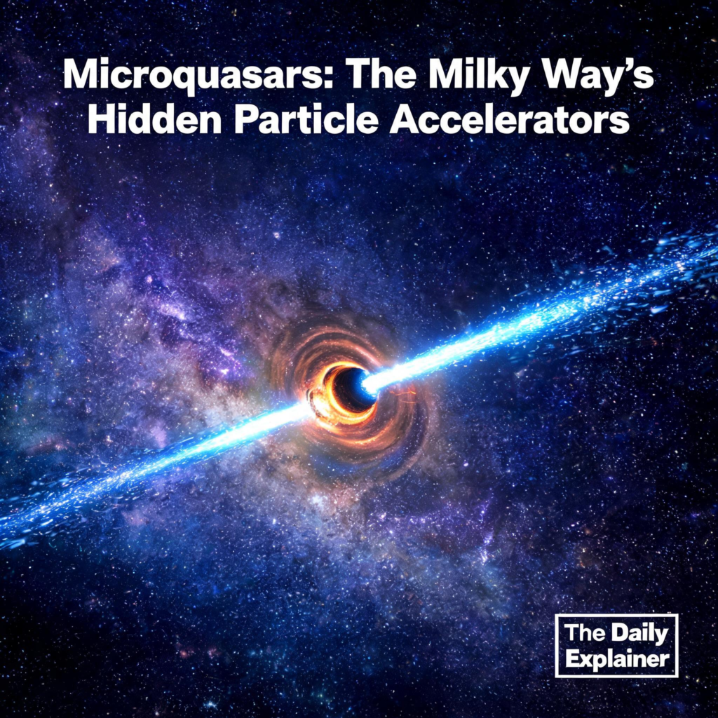 Artist's illustration of a microquasar, showing a stellar-mass black hole accreting matter from a companion star and launching relativistic jets that accelerate particles to PeV energies.
