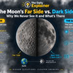 Side-by-side comparison of the Moon's near side (left), dominated by dark maria, and far side (right), dominated by bright, cratered highlands.