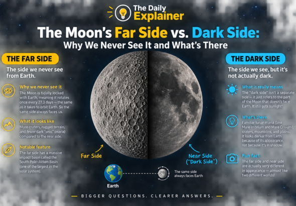 Side-by-side comparison of the Moon's near side (left), dominated by dark maria, and far side (right), dominated by bright, cratered highlands.