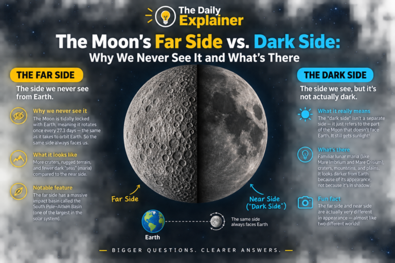 Side-by-side comparison of the Moon's near side (left), dominated by dark maria, and far side (right), dominated by bright, cratered highlands.