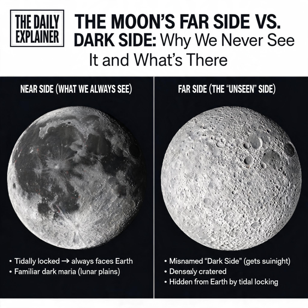 Side-by-side comparison of the Moon's near side (left), dominated by dark maria, and far side (right), dominated by bright, cratered highlands.