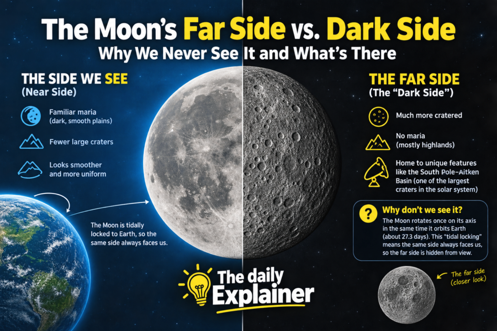 Side-by-side comparison of the Moon's near side (left), dominated by dark maria, and far side (right), dominated by bright, cratered highlands.