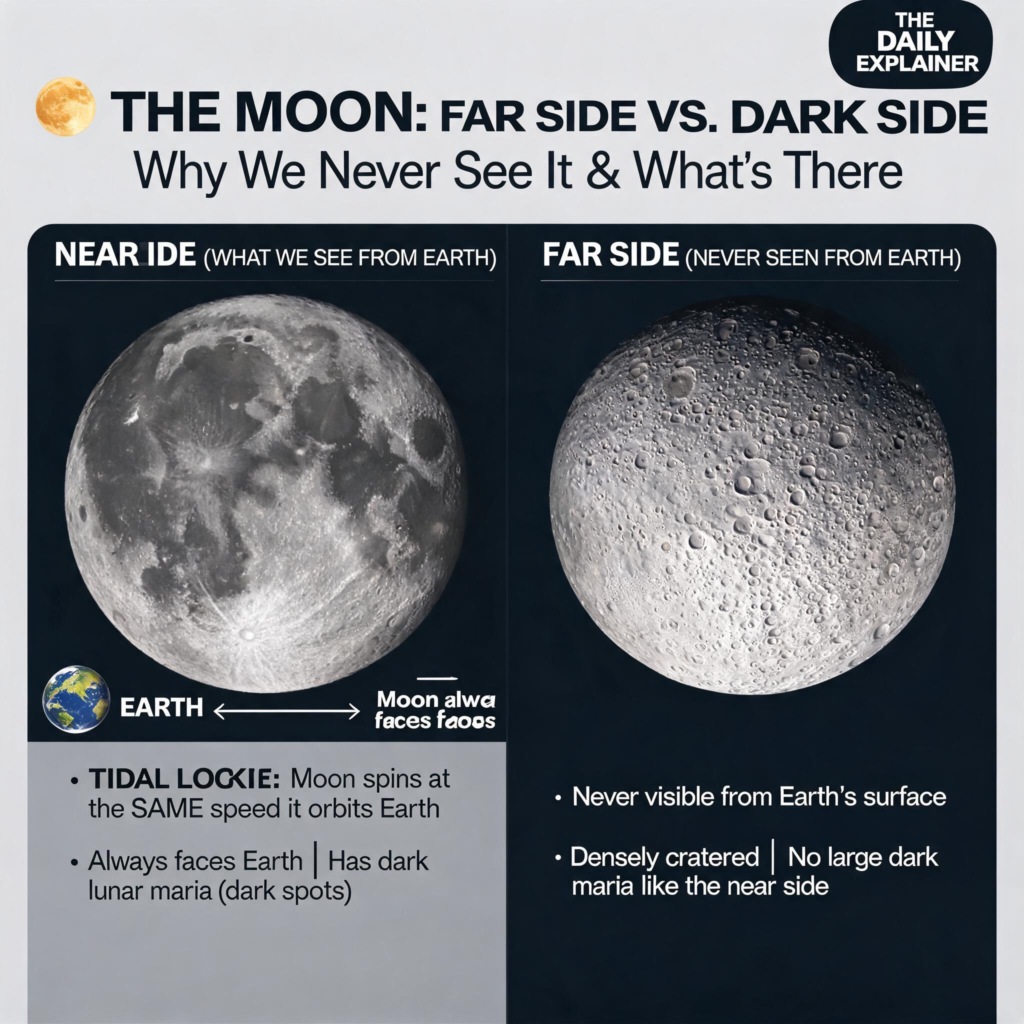 Side-by-side comparison of the Moon's near side (left), dominated by dark maria, and far side (right), dominated by bright, cratered highlands.