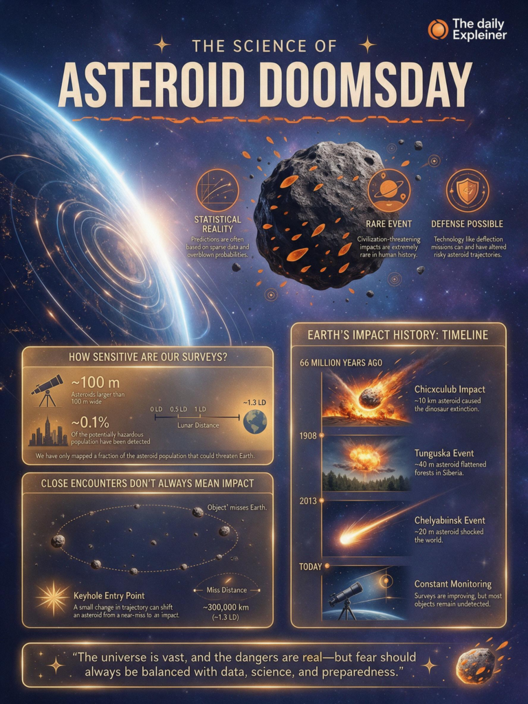 Graphic comparing the viral TikTok claim of a 96% asteroid impact chance in 2027 with the reality: a 2019 NASA training exercise using a fictional asteroid.