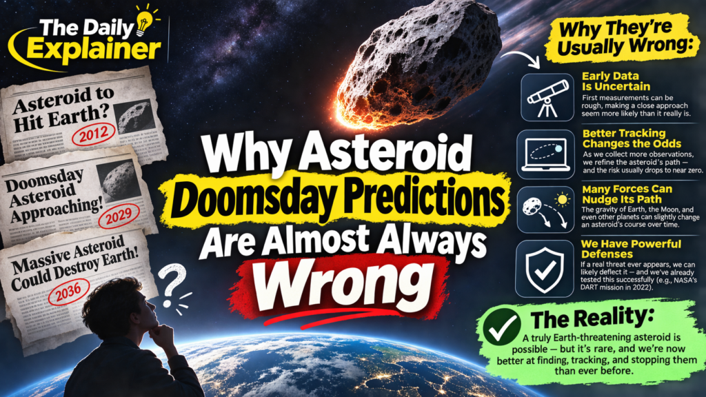 Graphic comparing the viral TikTok claim of a 96% asteroid impact chance in 2027 with the reality: a 2019 NASA training exercise using a fictional asteroid.