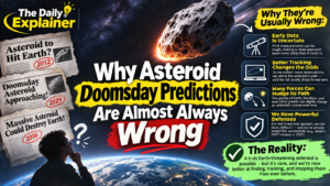 Graphic comparing the viral TikTok claim of a 96% asteroid impact chance in 2027 with the reality: a 2019 NASA training exercise using a fictional asteroid.