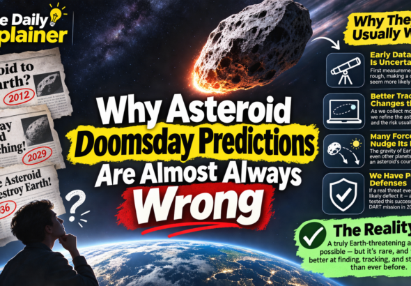 Graphic comparing the viral TikTok claim of a 96% asteroid impact chance in 2027 with the reality: a 2019 NASA training exercise using a fictional asteroid.