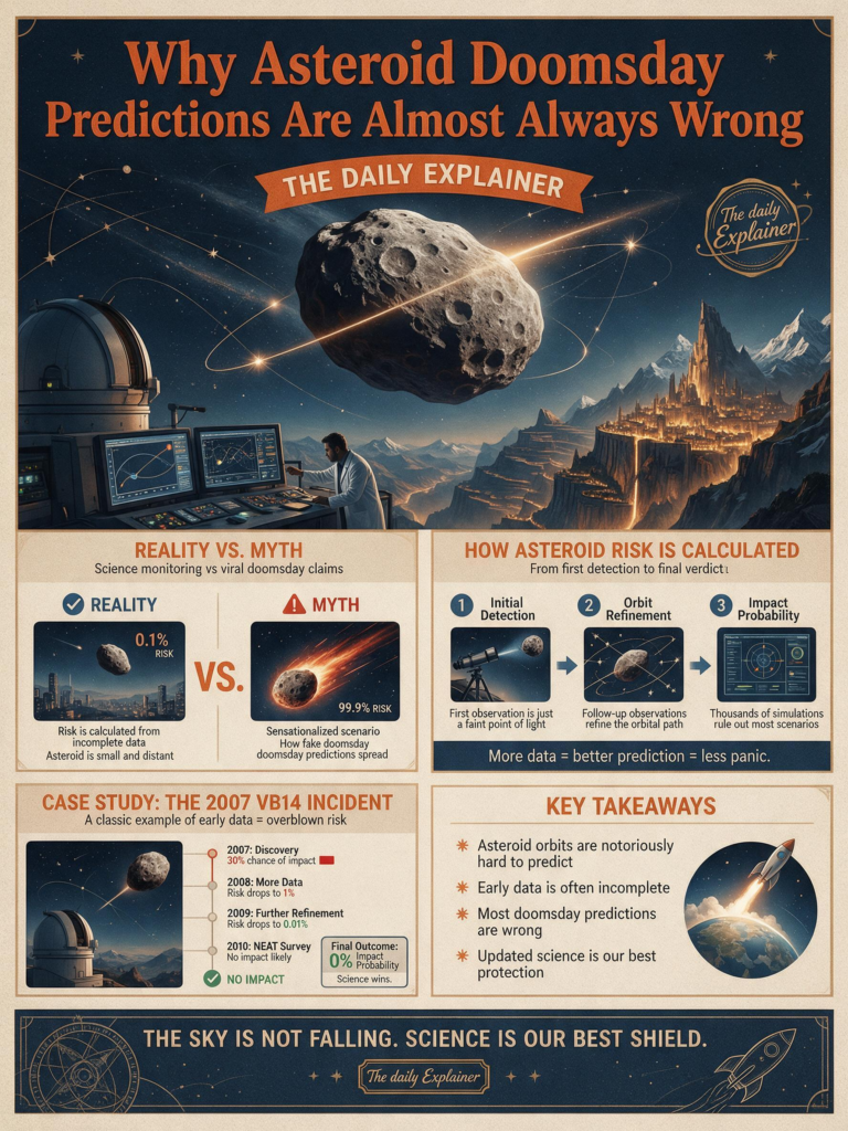Graphic comparing the viral TikTok claim of a 96% asteroid impact chance in 2027 with the reality: a 2019 NASA training exercise using a fictional asteroid.