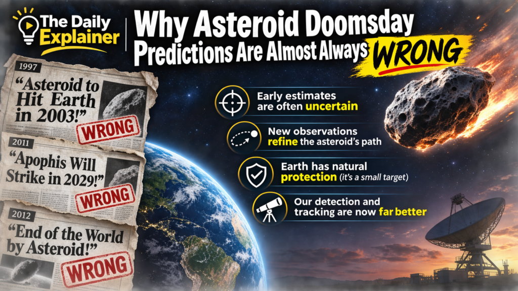 Graphic comparing the viral TikTok claim of a 96% asteroid impact chance in 2027 with the reality: a 2019 NASA training exercise using a fictional asteroid.