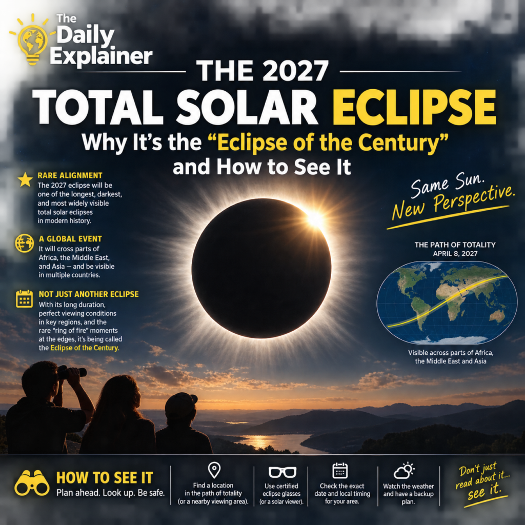 Map showing the path of totality for the August 2, 2027 total solar eclipse crossing Spain, North Africa, and the Middle East.