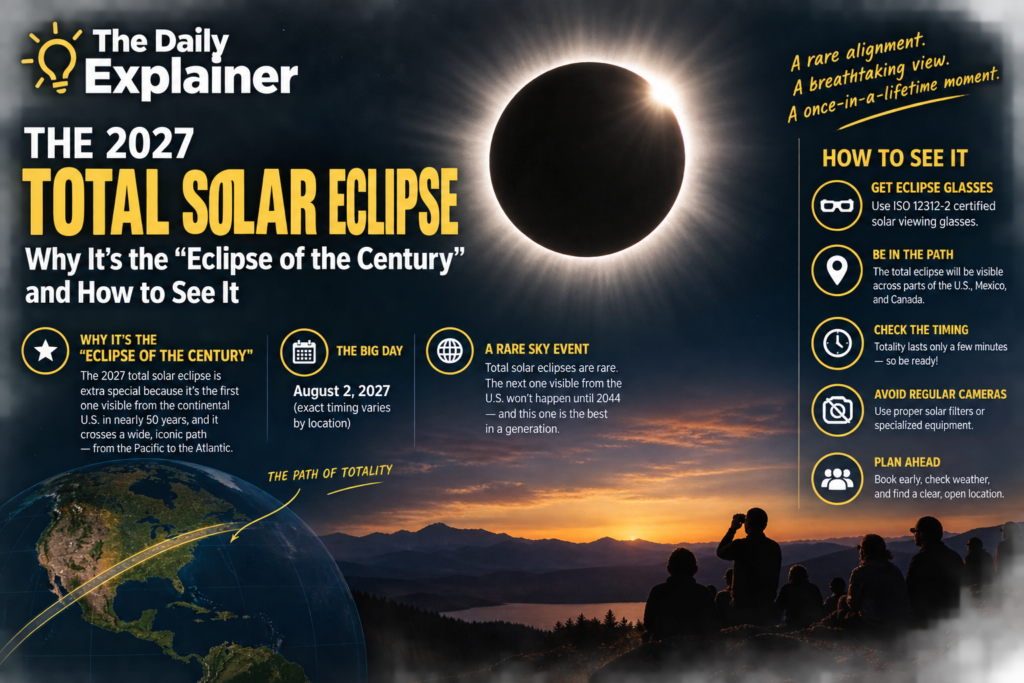 Map showing the path of totality for the August 2, 2027 total solar eclipse crossing Spain, North Africa, and the Middle East.