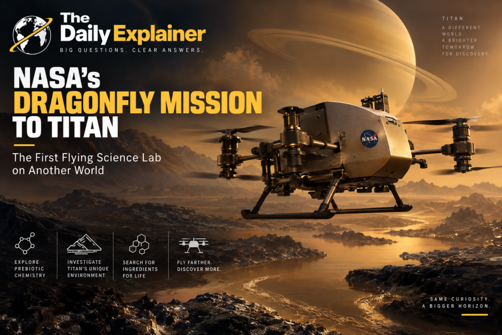 Artist's illustration of the Dragonfly octocopter flying over the orange, hazy surface of Titan, with dunes and a crater visible below.